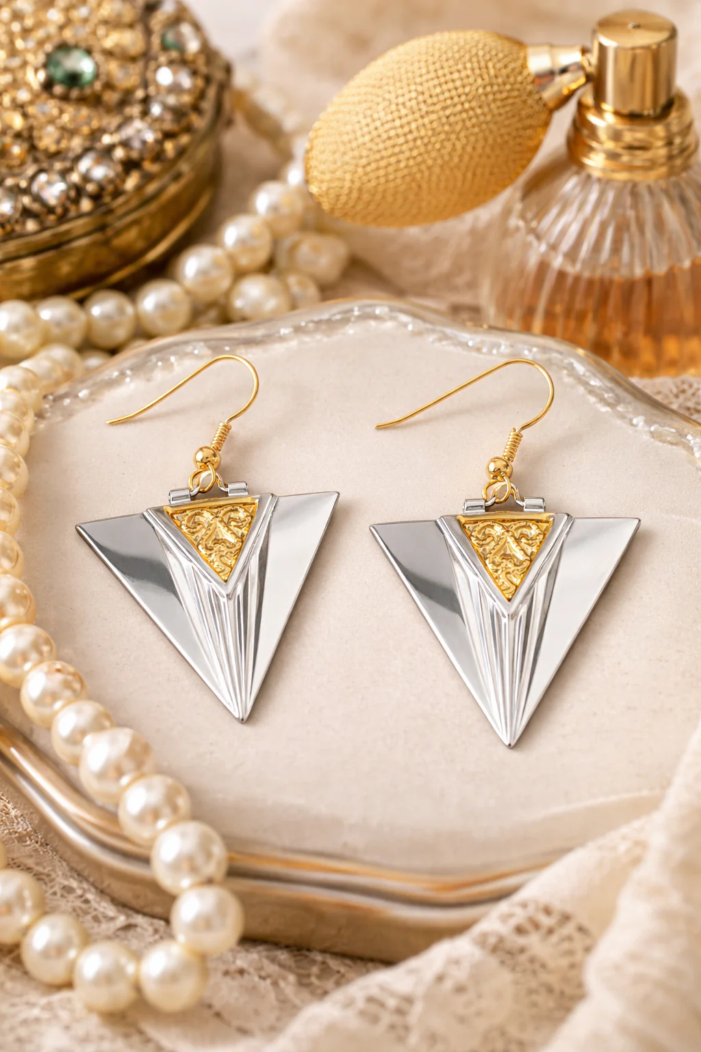 Art Deco–Style Two-Tone Drop Earrings - Image 2