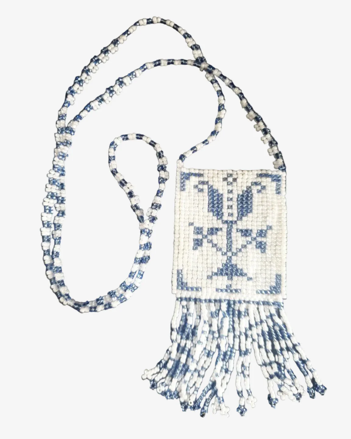 Blue & White Seed Bead Amulet Pouch Necklace - Image 3