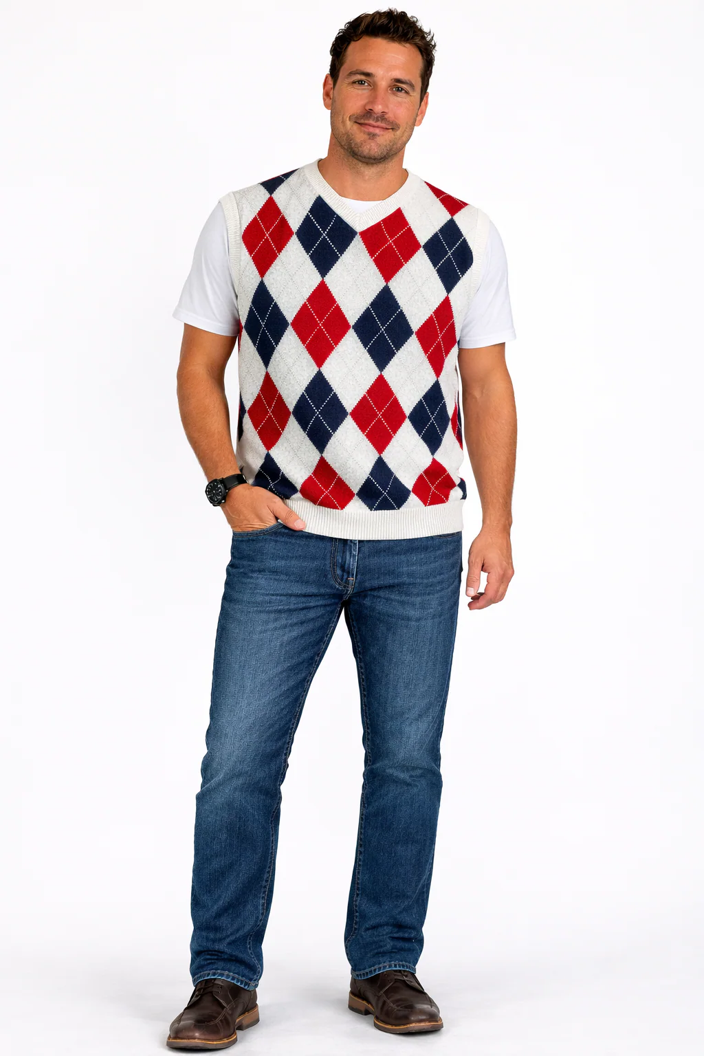 Golf Knickers Argyle Vest Red White Blue (Medium) - Image 2