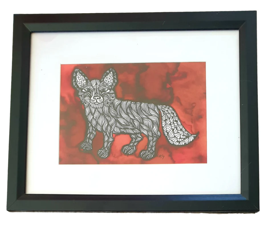 Original Fox Painting – Ink & Red Wash, Signed MAC (2019)