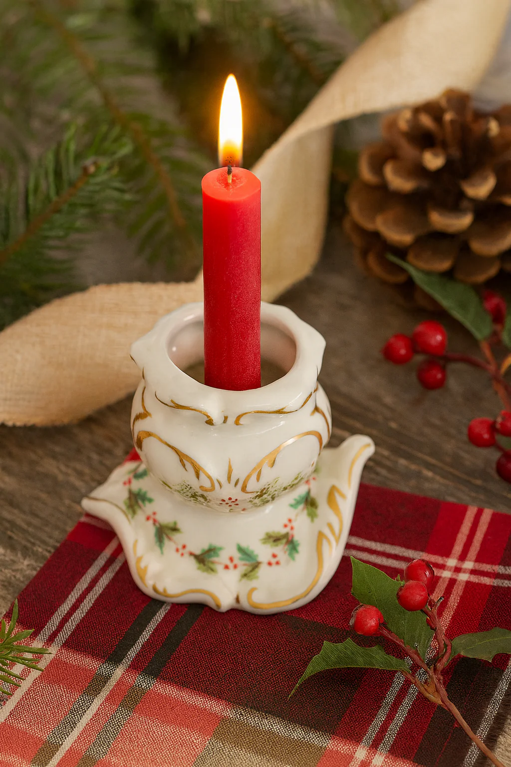 Vintage Irish Dresden Holly-Bow Candle Holder - Image 2