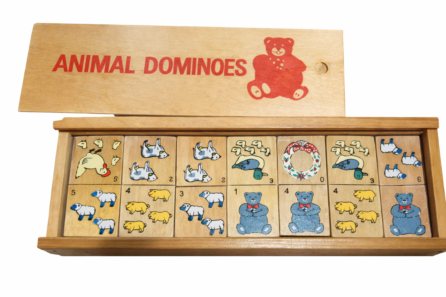 Vintage Wooden Animal Dominoes in Sliding Box